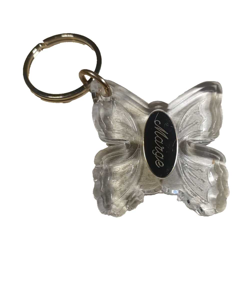 Large Acrylic Butterfly Engraved Marge Name Keychain Gold Tone Cartoon